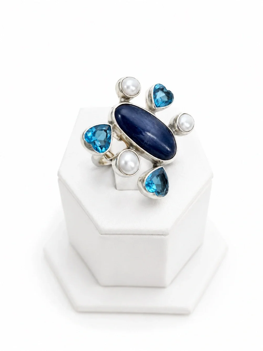 Silver Blue Lapis Gemstone Statement Ring -aquamarine & Pearl